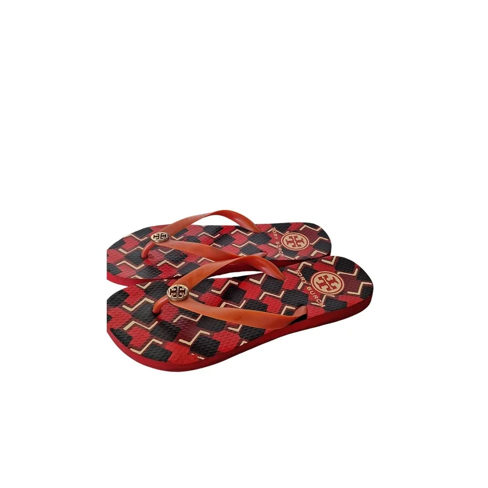 Tory Burch Red Black Geometric Logo Flip Flop Sandals Women Size 9.5